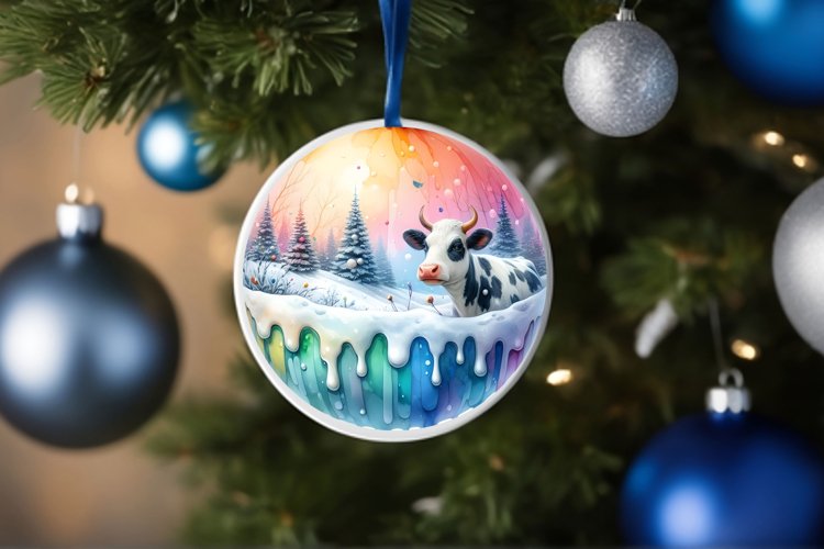 Round Christmas Image with Winter Scene Cow example image 1