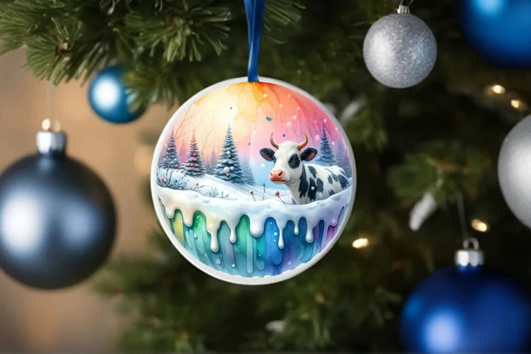 Round Christmas Image with Winter Scene Cow