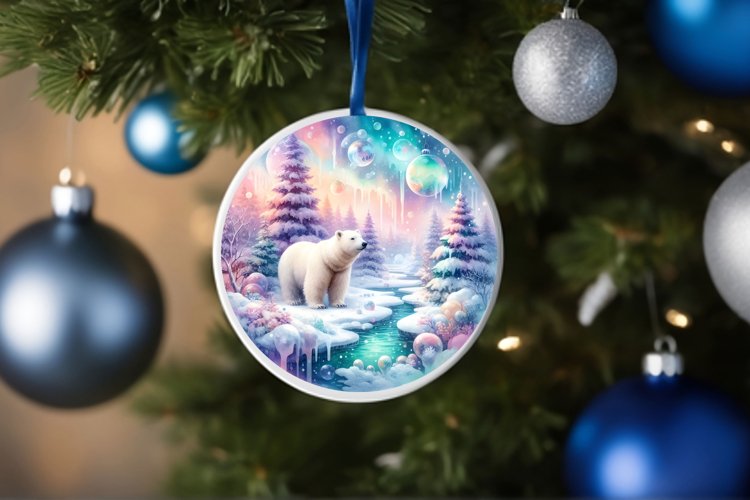 Colorful Winter Polar Bear Round Ornament example image 1