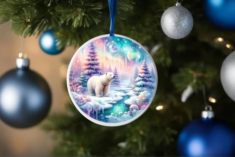Colorful Winter Polar Bear Round Ornament