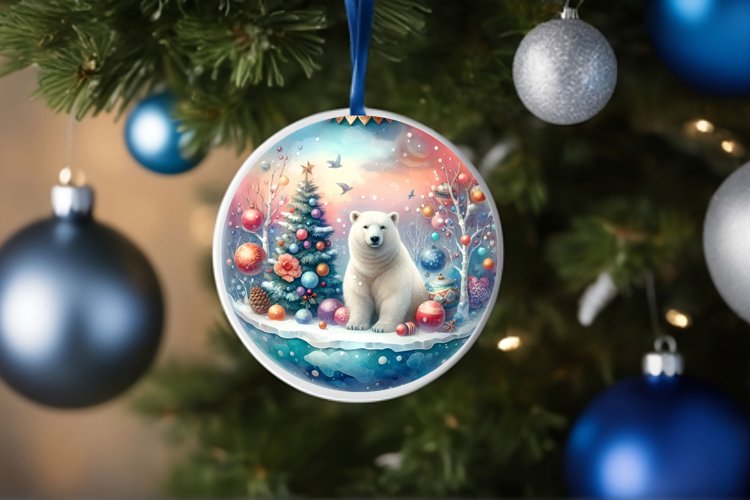 Colorful Winter Polar Bear Round Ornament example image 1