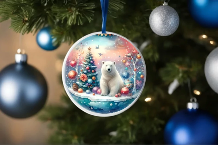 Colorful Winter Polar Bear Round Ornament