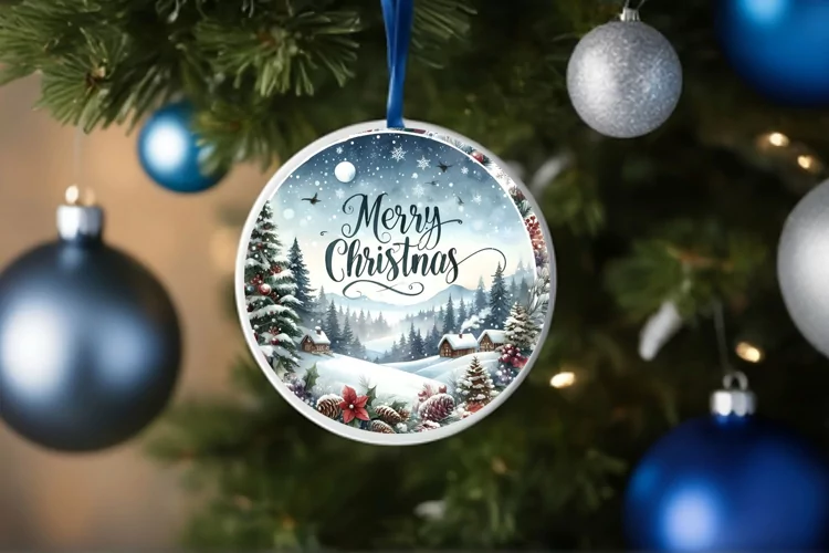 Winter Scene with Merry Christmas Round Ornament Sublimation