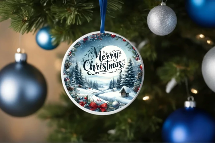 Winter Scene with Merry Christmas Round Ornament Sublimation