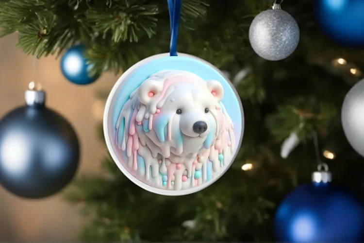 3D Martzipan Polar Bear Round Christmas Ornament Sublimation