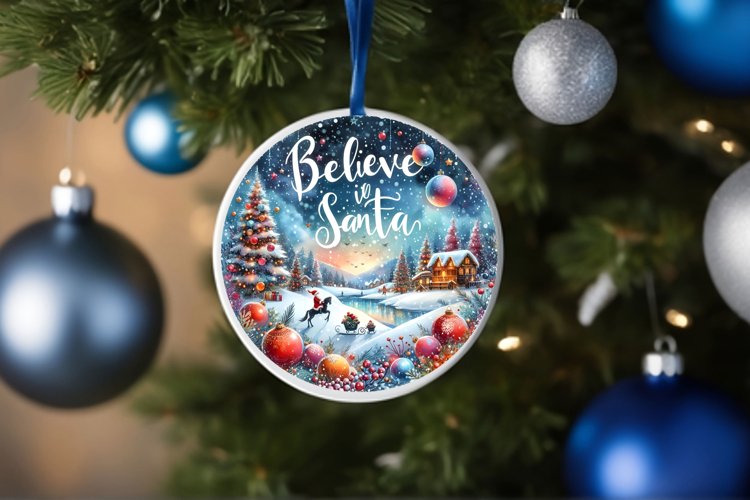 Winter Scene with Santa Round Christmas Ornament Sublimation