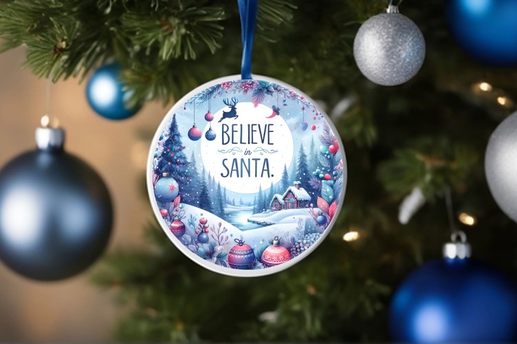 a vibrant winter scene believe in santa round ornament png
