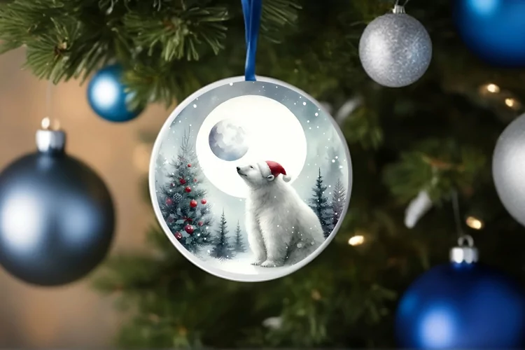 Watercolor Polar Bear Round Christmas Ornament Sublimation