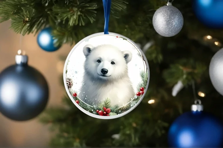 Watercolor Polar Bear Round Christmas Ornament Sublimation