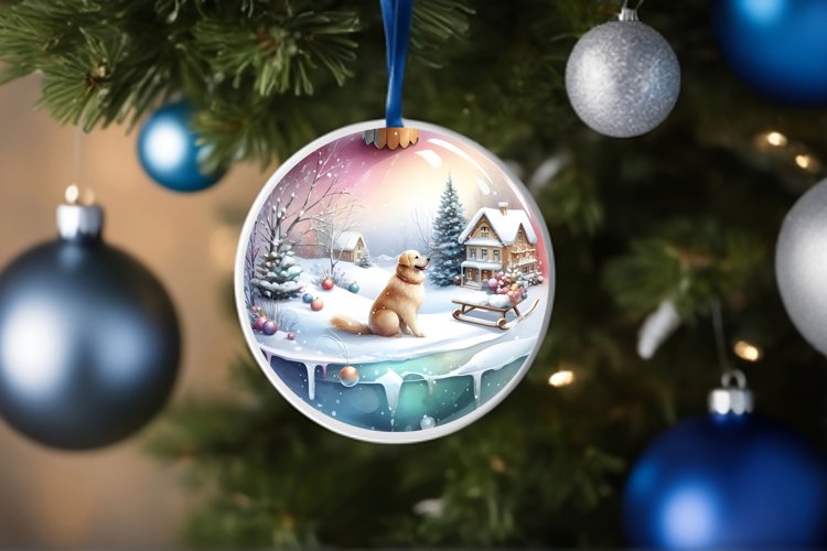 Winter Scene with Cow and Dog Round Christmas Ornament example image 1