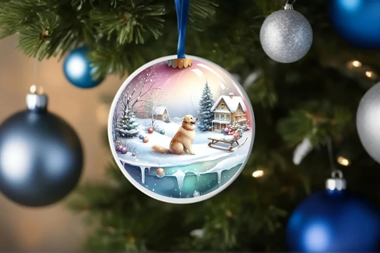 Winter Scene with Cow and Dog Round Christmas Ornament