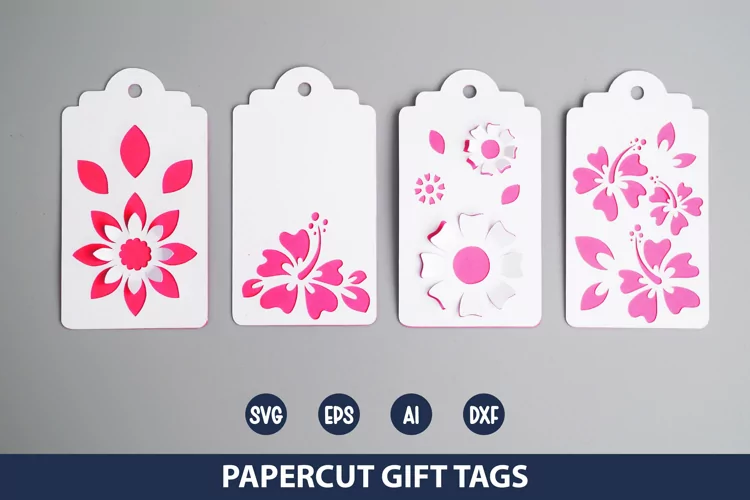 4 Paper Cut Gift Tags SVG I Floral Gift Tags SVG