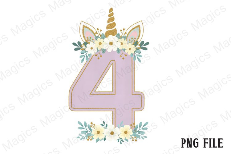 4th Birthday Girl Unicorn Number Clipart