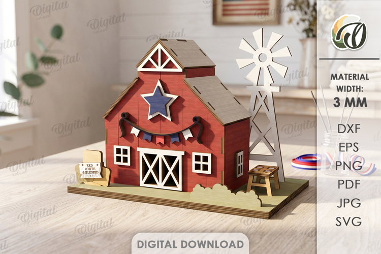 3D 4th Of July House Laser Cut. Stand Decor SVG