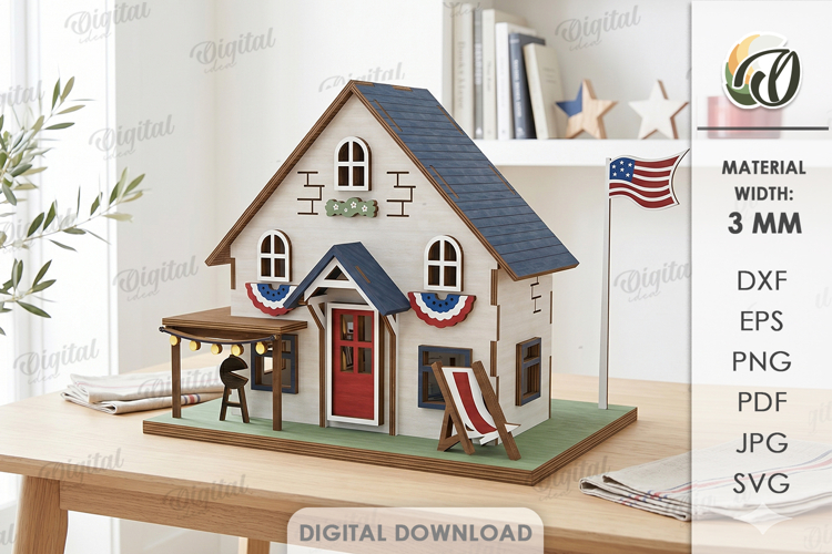 3D 4th Of July House Laser Cut. Stand Decor SVG