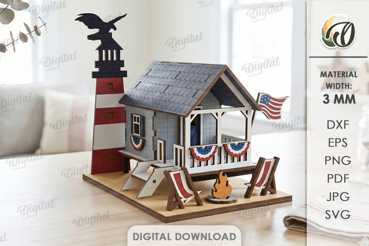 3D 4th Of July House Laser Cut. Stand Decor SVG