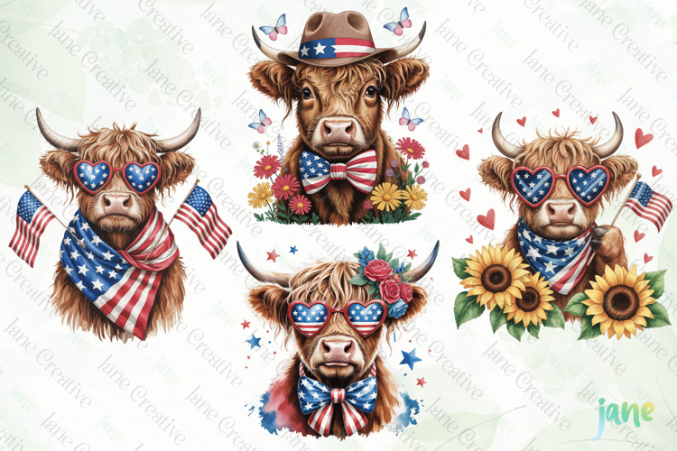 4th Of July Highland Cow Clipart