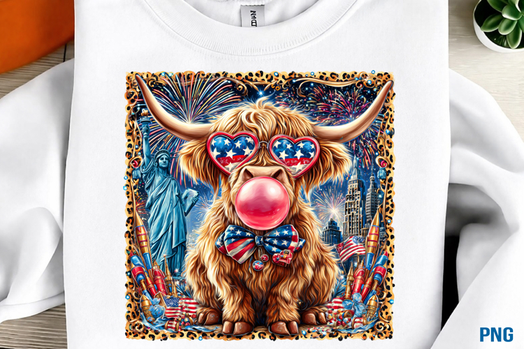 4th of July Highland Cow Leopard PNG