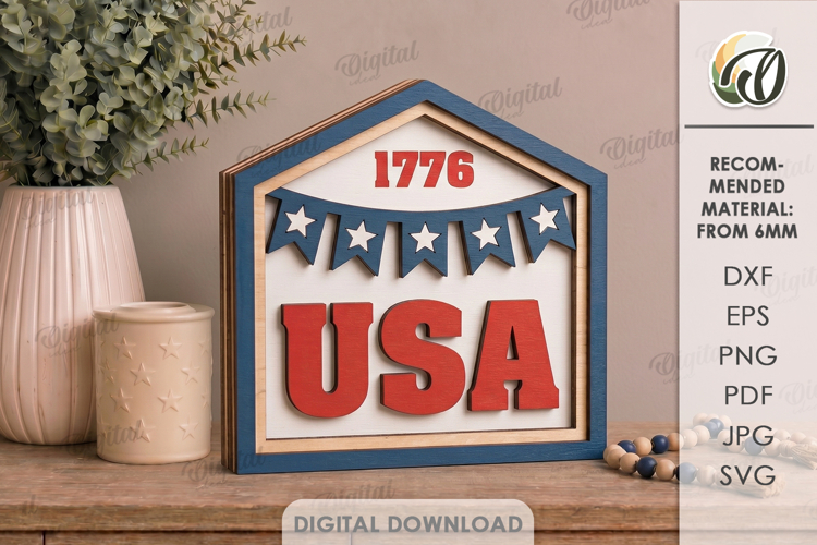 4th Of July House Laser Cut. Patriotic Stand Decor SVG