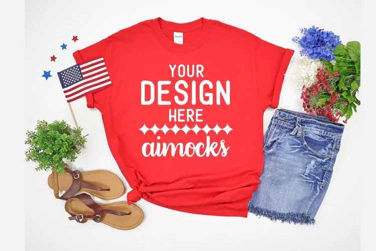 4th of July Mockup, Red 5000 Adult Gildan T-shirt Mockup