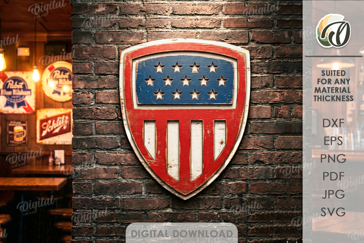 4th Of July Sign Laser Cut. Patriotic Shield Wall Decor SVG