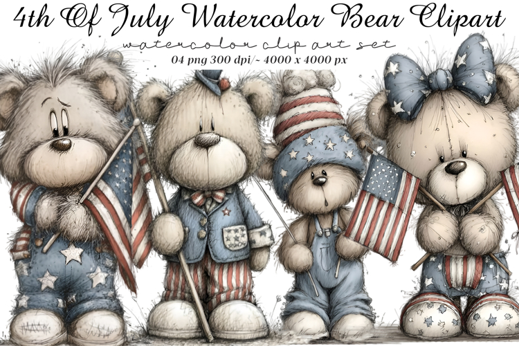 4th Of July Watercolor Bear Clipart
