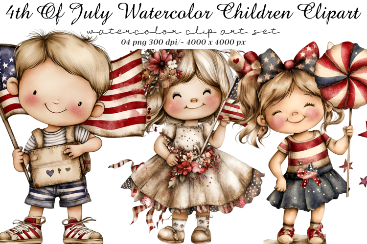 4th Of July Watercolor Children Clipart