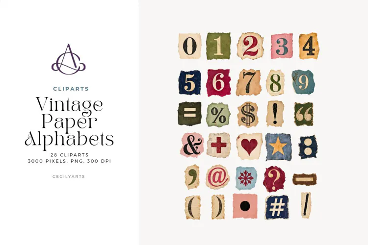 Vintage Numbers and Symbols Clipart, 28 Torn Papers
