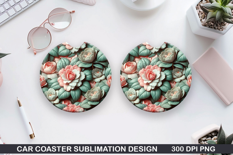 Flowers Car Coaster Sublimation| Summer Flowers Coaster PNG