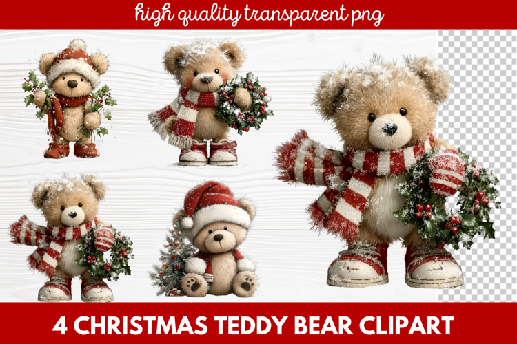 4 Christmas Teddy Bear Clipart | Cute Holiday Bear PNG Illus