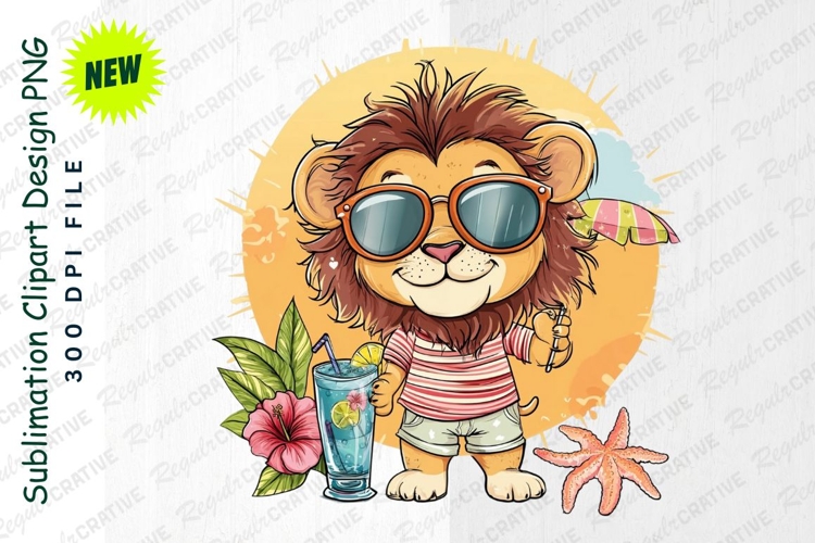 Summer Lion Cartoon Character Beach Vibe Clipart