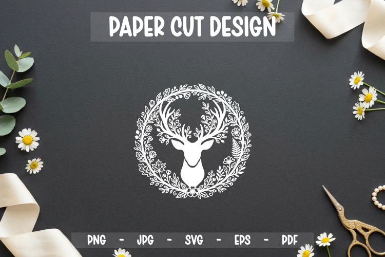 Floral deer Paper Cut SVG, Decorative Botanical