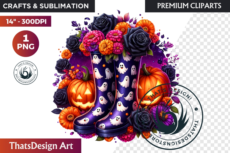 Halloween Floral Rain Boots - Cute Witchy Garden Clipart PNG