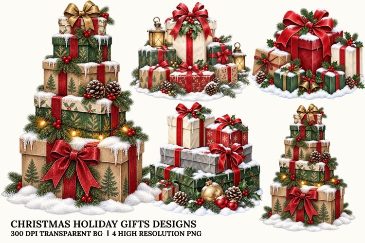 Christmas Gift Boxes PNG, Holiday Present Sublimation Art example image 1