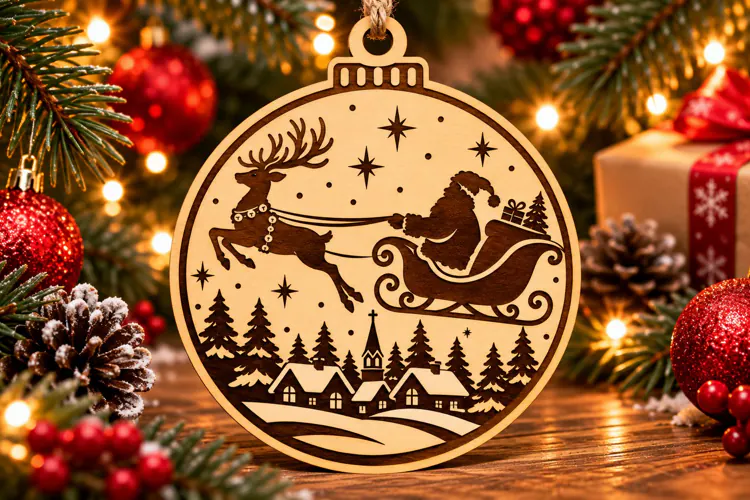 Santa Sleigh Reindeer Christmas Wooden Ornament Laser Cut Sv