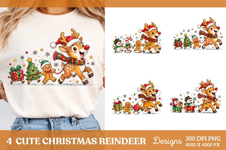 4 Christmas Reindeer Shirt PNG Designs, 4 Cute Reindeer Chri example image 1