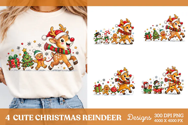 4 Christmas Reindeer Shirt PNG Designs, 4 Cute Reindeer Chri