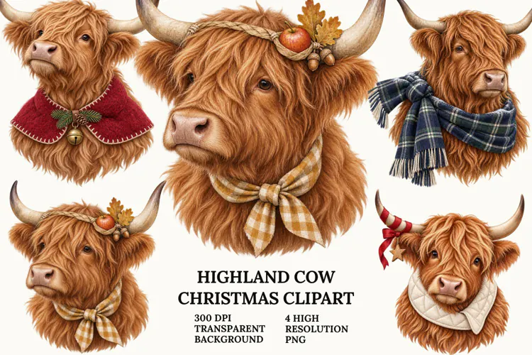 Highland Cow Christmas Clipart with Snowman and Book PNG