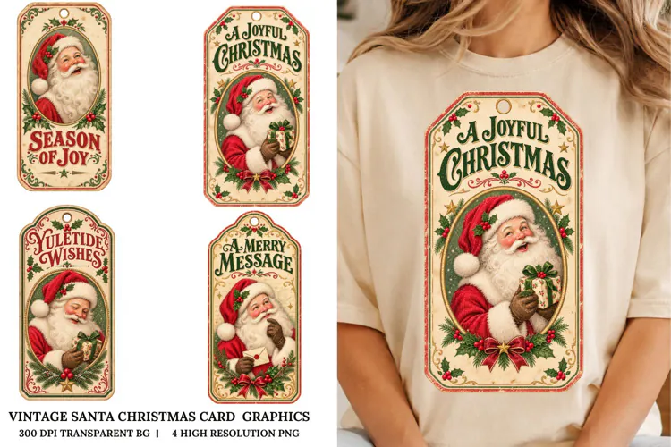 Vintage Santa Christmas Card PNG Retro Holiday Sublimation