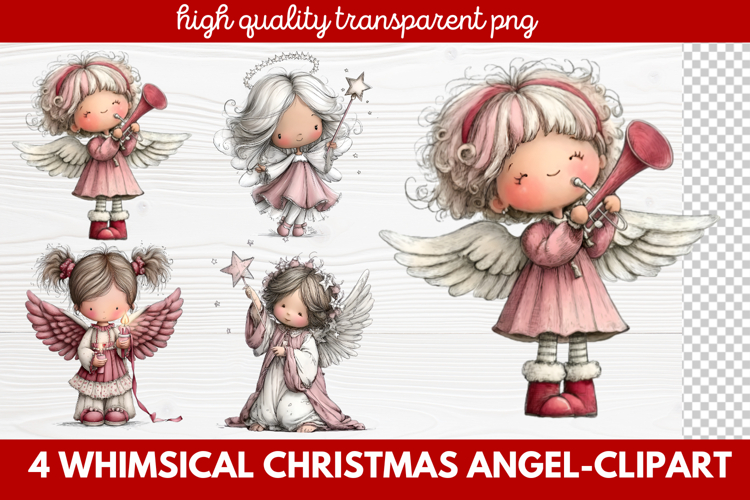 4 Whimsical Christmas Angel Clipart | Cute Holiday Angel PNG