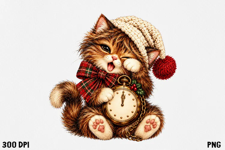 Cute Christmas Cat Clipart PNG | Whimsical Holiday Kitty