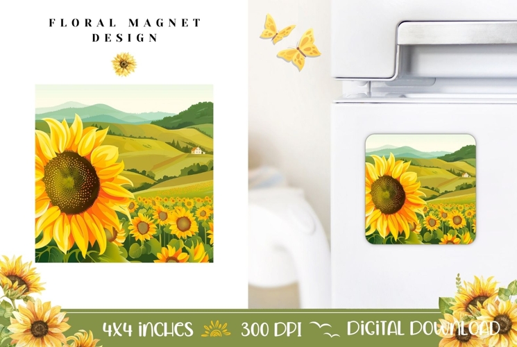 Floral Magnet Sublimation, Cartoon Sunflowers Magnet PNG