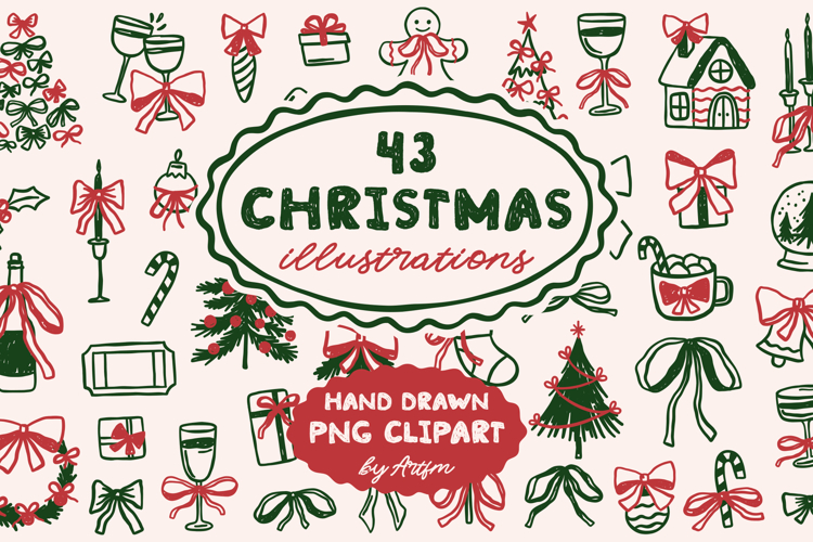 43 Whimsical Christmas Illustrations PNG Clipart Bundle