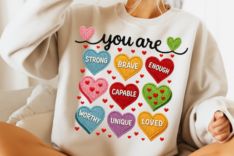 Crochet Valentine Candy Heart PNG, Faux Yarn You Are Enough