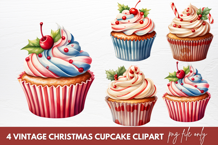Vintage Christmas Cupcake Clipart Sublimation