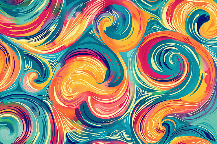 Swirling patterns and shapes in shades of blue & orange