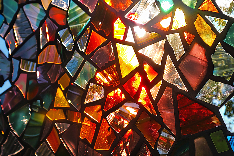 Colorful stained glass pieces with sunlight shining