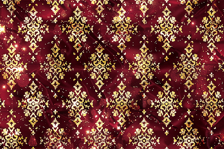 Red & gold patterned fabric with intricate designs & sparkle
