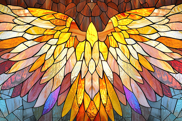 Stained Glass Angel Wings Background with Golden Light