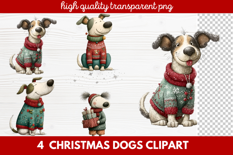 4 Christmas Dogs Clipart | Cute Holiday Puppy PNG Illustrati